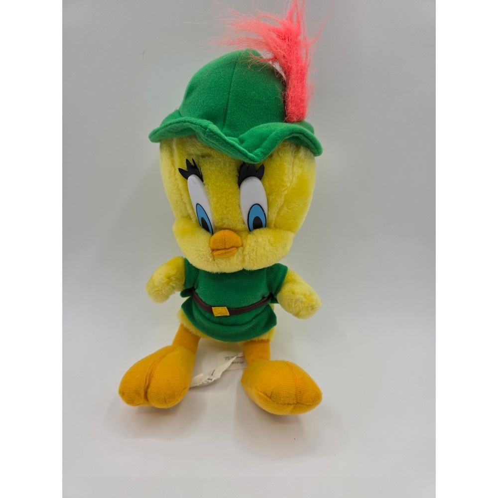 Vintage 1997 Looney Tunes Tweety Bird Robin Hood Plush Green Hat Pink Feather